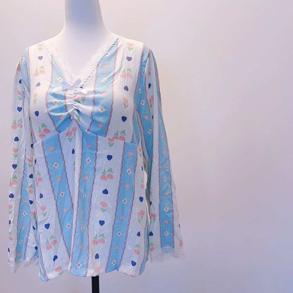 NEW！Sweet Heart & Tulip 🌹 Cotton Pajama Set – Blue Pastel Floral Loungewear